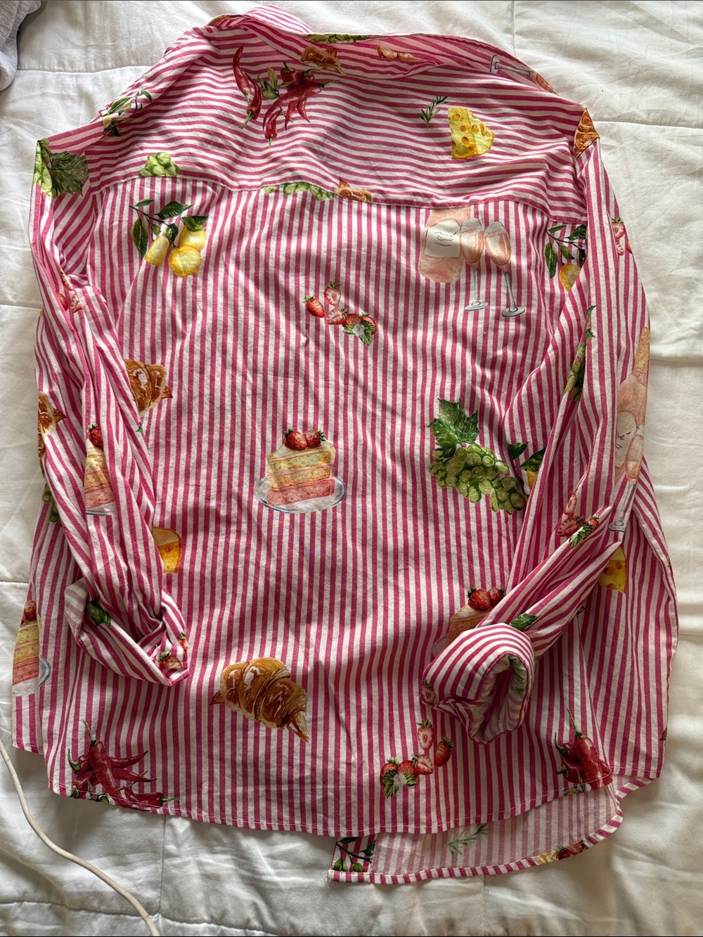 Women’s Pink Striped Button-Down Shirt with Fruit Print - Picture 2 of 2